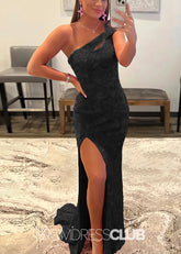Gladys |Long Black Prom Dresses Near Me With Mermaid One Shoulder Sequins Split Formal Dresses - Black - PromDressClub